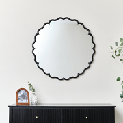 Black Satin Scalloped Frame Round Wall Mirror - 80cm x 80cm