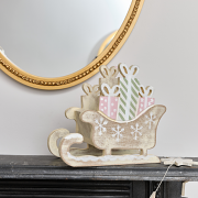 Rustic Wooden Green & Pink Christmas Sleigh Ornament