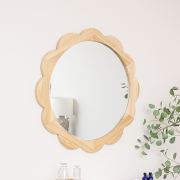 Large Light Wood Scalloped Edge Bevelled Wall Mirror - 97cm
