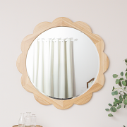 Large Light Wood Scalloped Edge Bevelled Wall Mirror - 97cm