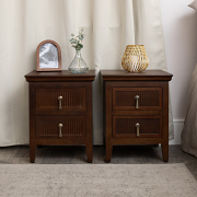 Pair of Dark Brown Wooden Reeded 2 Drawer Bedside Tables - Georgian Range