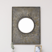 Distressed Black Rectangular Wooden Sunburst Wall Mirror - 60cm x 80cm