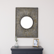 Distressed Black Rectangular Wooden Sunburst Wall Mirror - 60cm x 80cm
