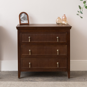 Dark Brown Wooden Reeded Chest of 3 Drawers, Dressing Table, Mirror Set & Pair of Bedside Tables - Georgian Range