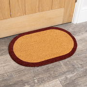 Natural Oval Coir Door Mat with a Wine Red Border