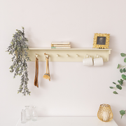 Large Ivory Wooden Wall Shelf with Hooks - 100cm