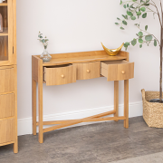 Pale Wood Curved 3 Drawer Console Table with Hessian & Glass Top - Austin Wood Range