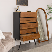 Mid-Century Modern Wooden & Black 5 Drawer Tallboy - Industrial Range
