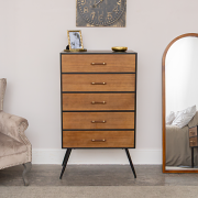 Mid-Century Modern Wooden & Black 5 Drawer Tallboy - Industrial Range
