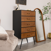 Mid-Century Modern Wooden & Black 5 Drawer Tallboy - Industrial Range