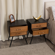 Pair of Mid-Century Modern Wood & Black 2 Drawer Bedside Tables - Industrial Range