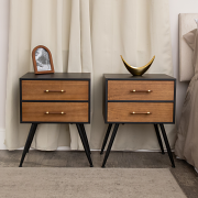 Pair of Mid-Century Modern Wood & Black 2 Drawer Bedside Tables - Industrial Range