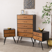 Mid-Century Modern Wooden & Black 5 Drawer Tallboy & Pair of 2 Drawer Bedside Tables - Industrial Range