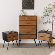 Mid-Century Modern Wooden & Black 5 Drawer Tallboy & Pair of 2 Drawer Bedside Tables - Industrial Range