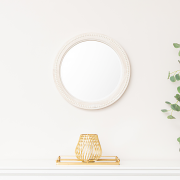 Round Distressed White Washed Wooden Bobbin Detailed Wall Mirror - 50cm x 50cm