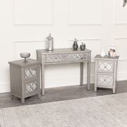 Silver Mirrored Console Table / Dressing Table & Pair of Silver Mirrored Bedside Tables - Sabrina Silver Range