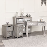 Large Silver Mirrored Chest of Drawers, Console / Dressing Table & Pair of Bedside Tables - Sabrina Silver Range