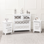 Large White Mirrored Chest of Drawers & Pair of Bedside Tables - Sabrina White Range