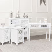 Large White Mirrored Chest of Drawers, Console / Dressing Table & Pair of Bedside Tables - Sabrina White Range