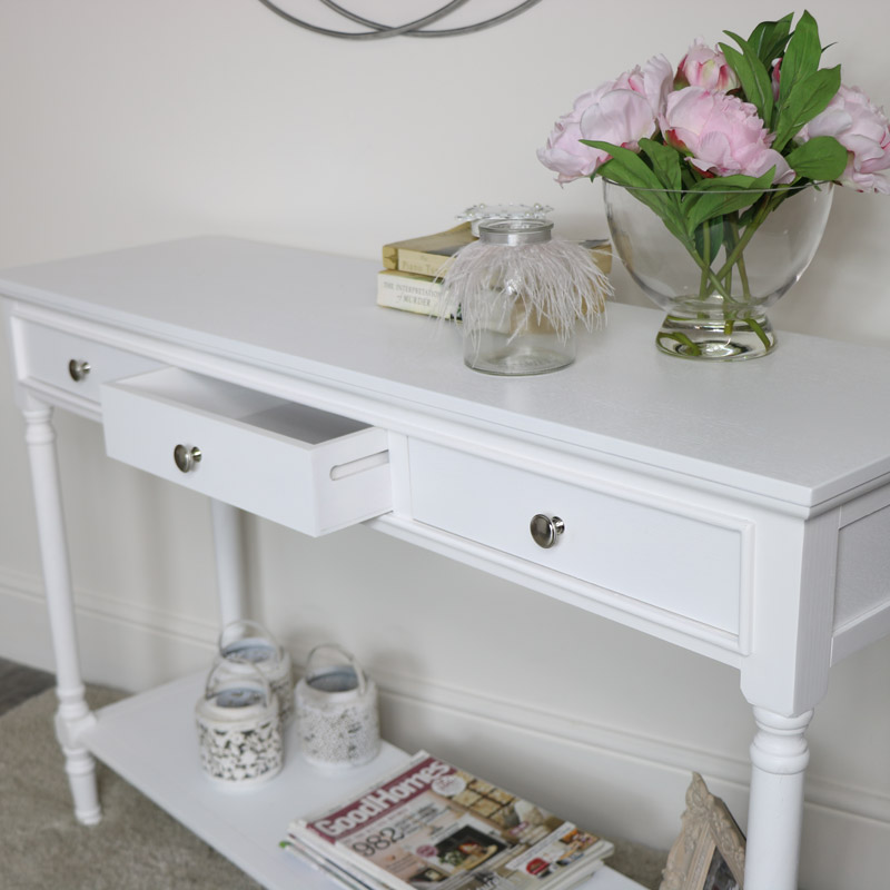 Large White 3 Drawer Console Table Flora Furniture Large White 3 Drawer Console Table, Large White Console Table With Drawers