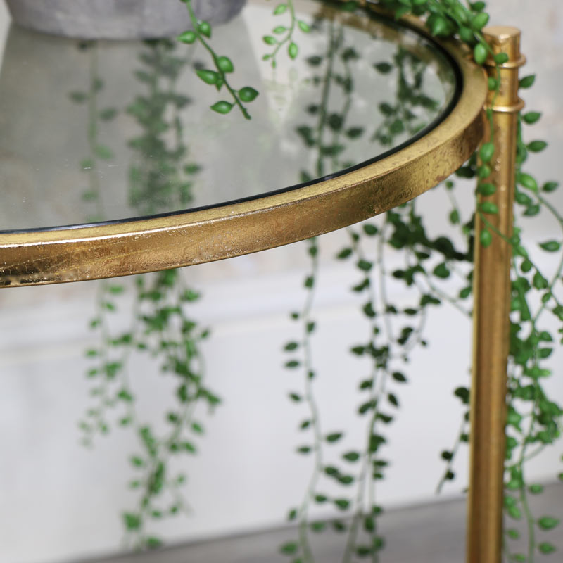 Antique Gold Round Glass Top Side Table Flora Furniture Antique Gold Round Glass Top Side Table, Antique Gold Round Side Table With Vintage Mirror Top