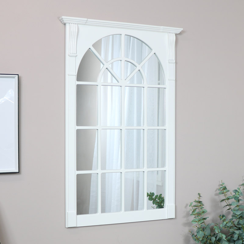 Large White Wooden Window Mirror, Wood Arch Window Mirror Design
