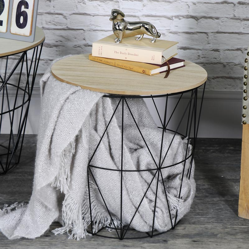 Black Metal Wire Basket Wooden Top Side Table Flora