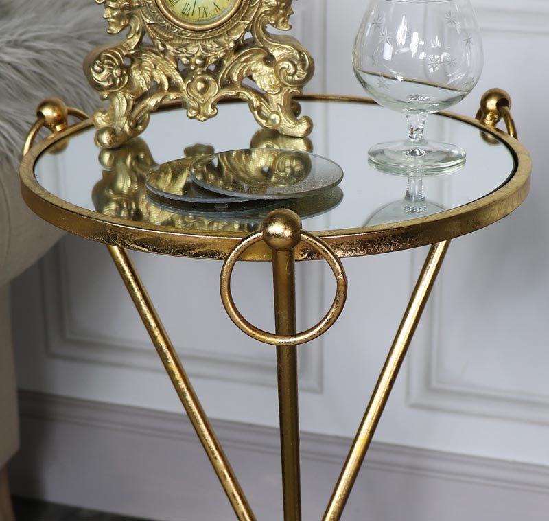 Tall Antique Gold Mirrored Side Table, Antique Gold Round Side Table With Vintage Mirror Top