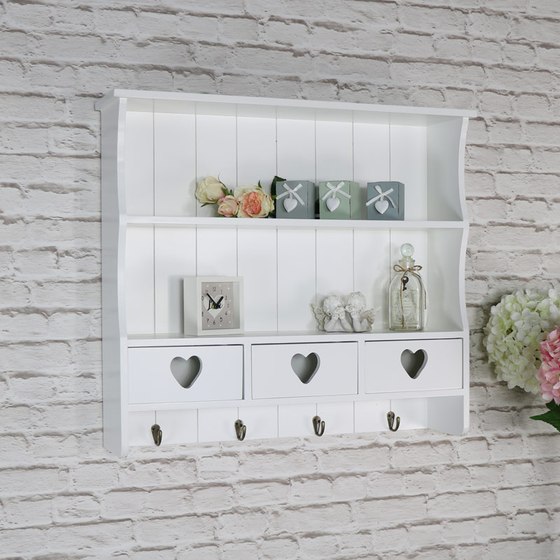 Large White Wall Shelf With Heart Drawer Storage Flora