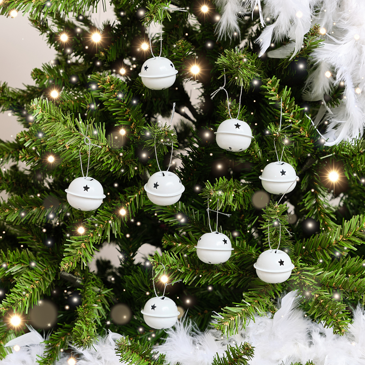 Set of 8 White Hanging Bell Christmas Decorations - 4cm