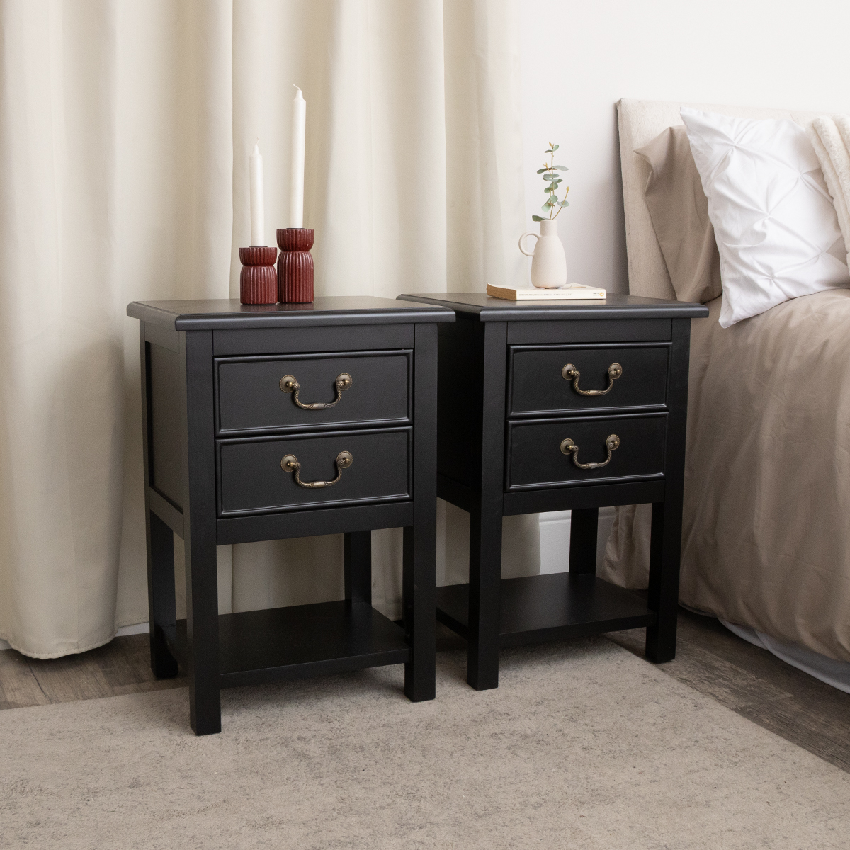 Set Of 2 Black 2 Drawer Bedside Tables with Shelf - Briggs Range