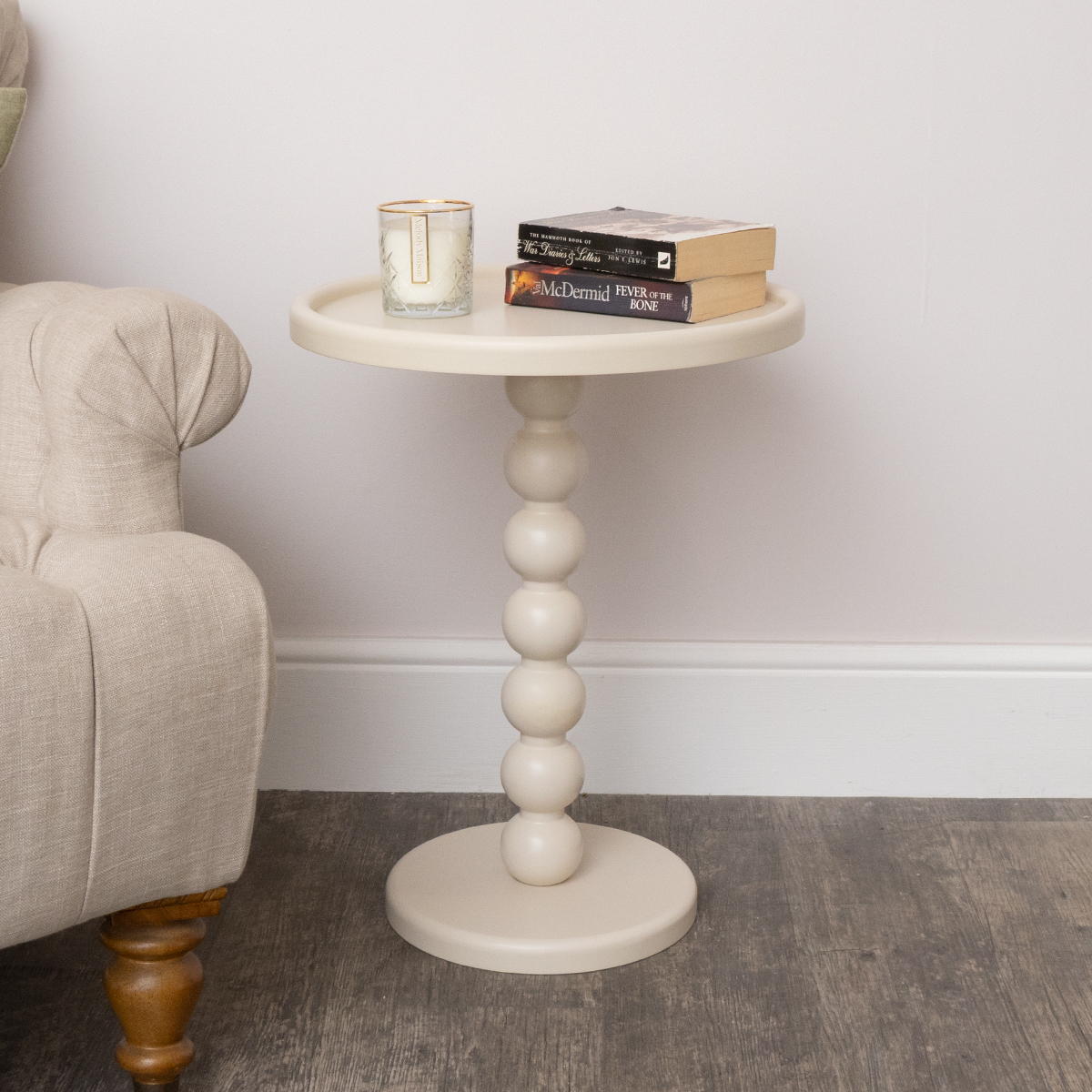 Taupe Painted Round Wooden Bobble Side Table - 45cm x 56.5cm