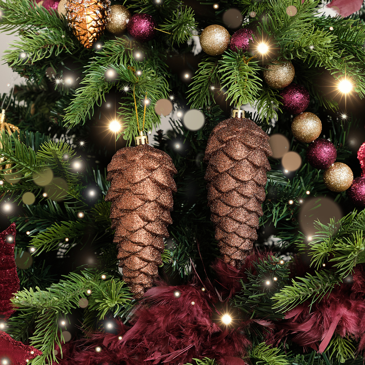 Set of 2 Tan Glittered Pinecone Bauble Decoration - 12cm
