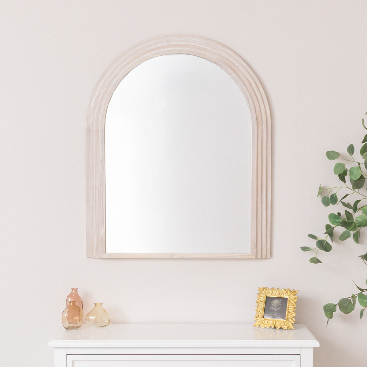 Large White Washed Wood Arched Wall Mirror - 90cm x 75cm