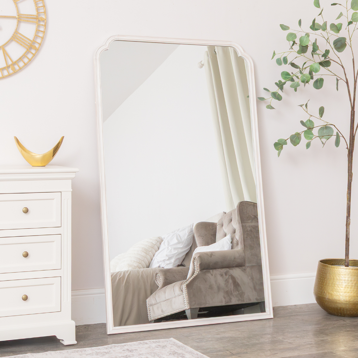 Large Arched White Washed Distressed Wooden Frame Wall & Leaner Mirror - 90cm x 145cm