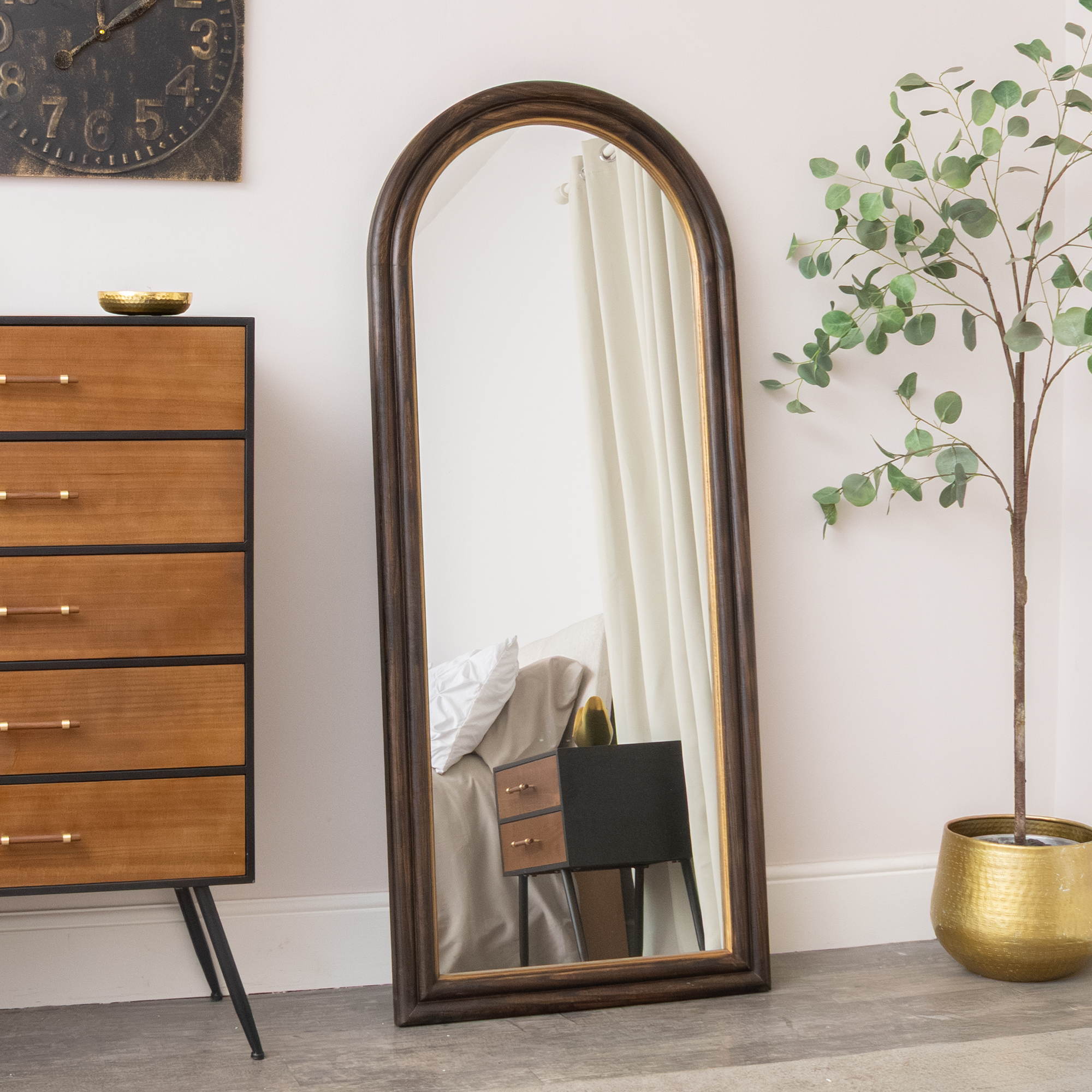 Dark Arched Wood & Gold Framed Wall & Leaner Mirror - 166cm x 70cm