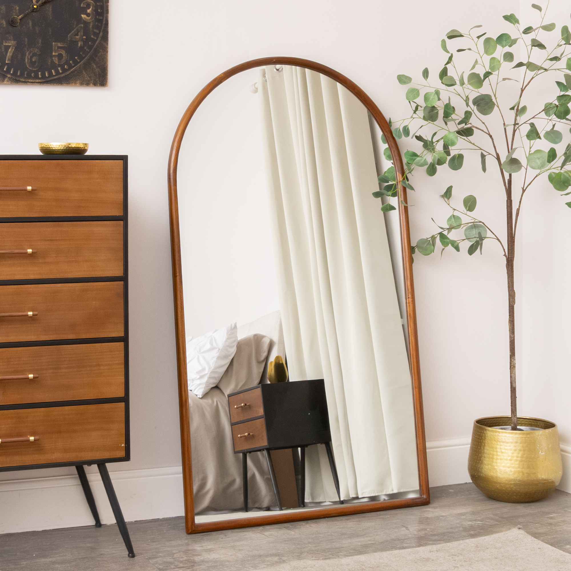 Large Walnut Wooden Framed Arched Leaner Mirror - 90cm x 158cm