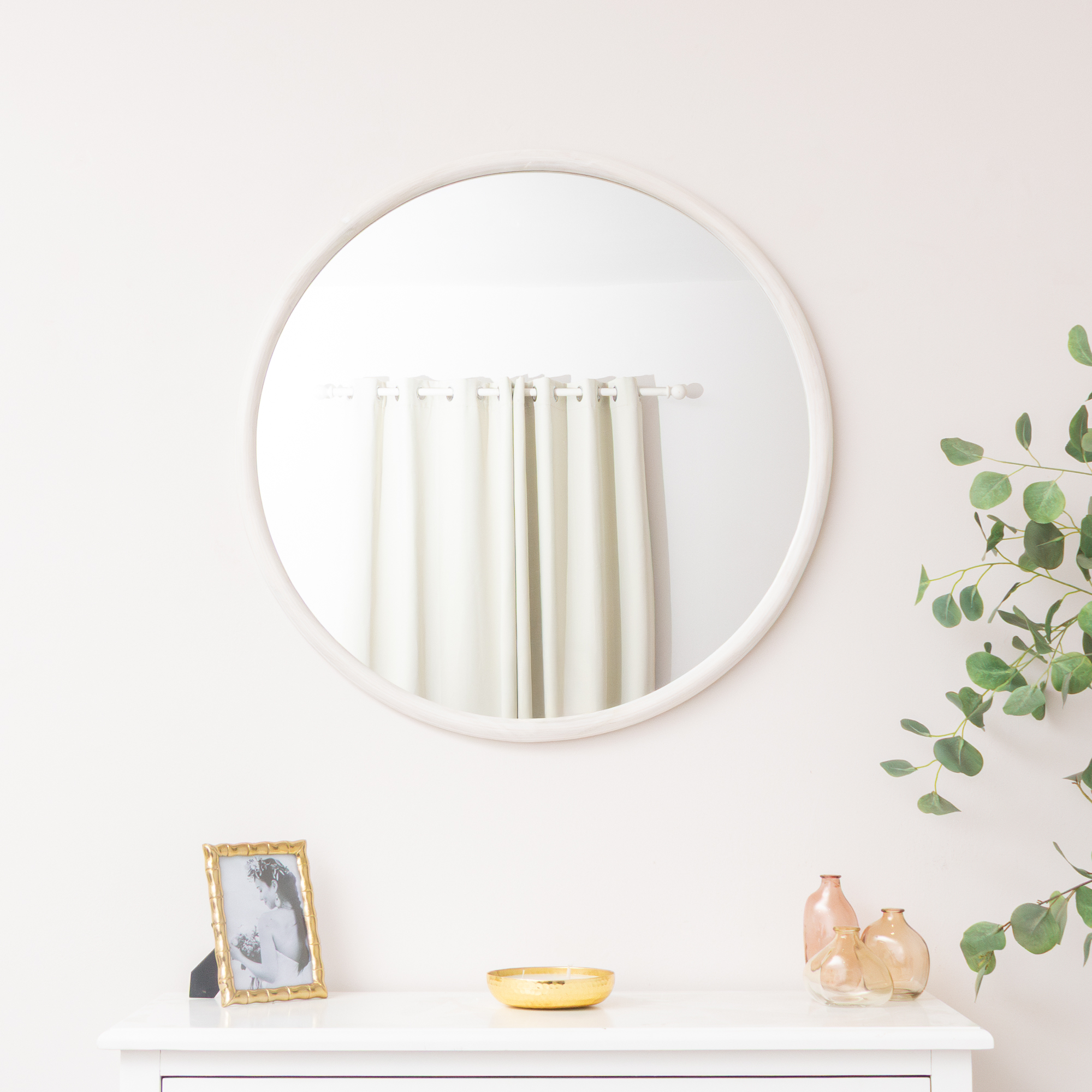 Large White Washed Wooden Round Wall Mirror - 80cm x 80cm