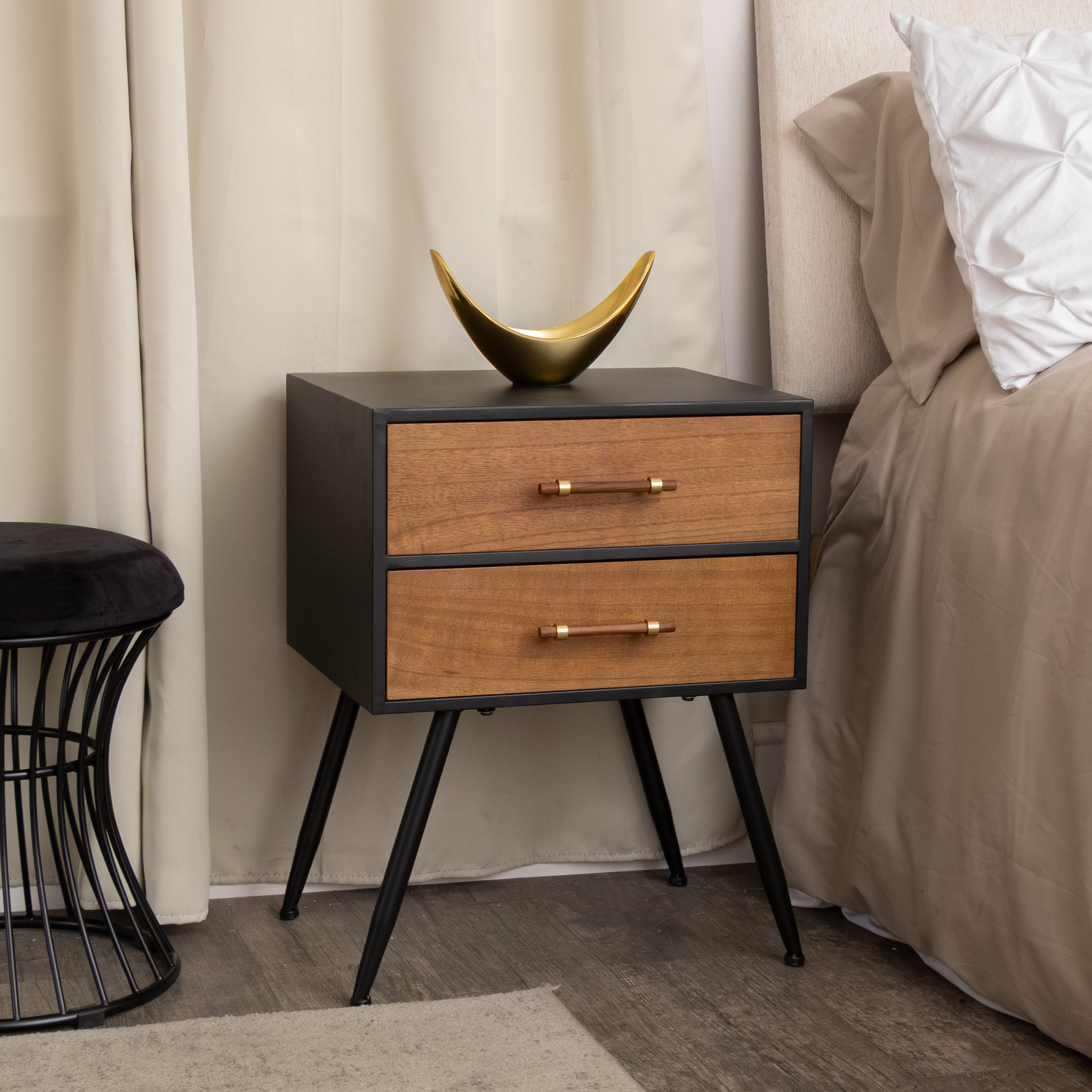 Mid-Century Modern Wood & Black 2 Drawer Bedside - Industrial Range