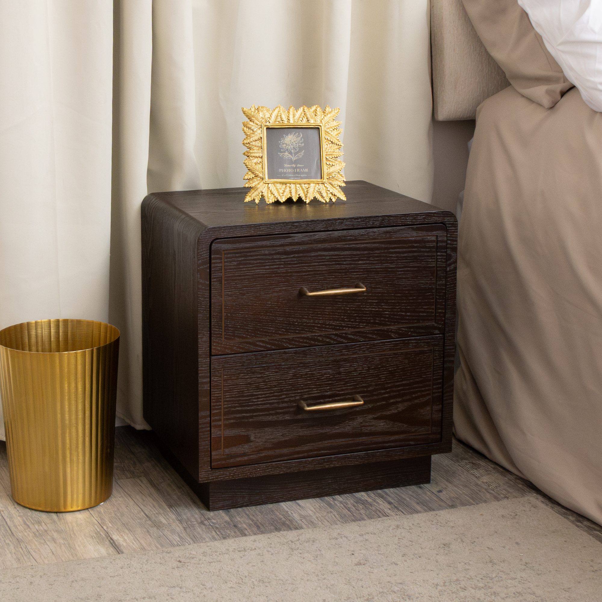 Dark Wood 2 Drawer Bedside Table - Kingsley Range