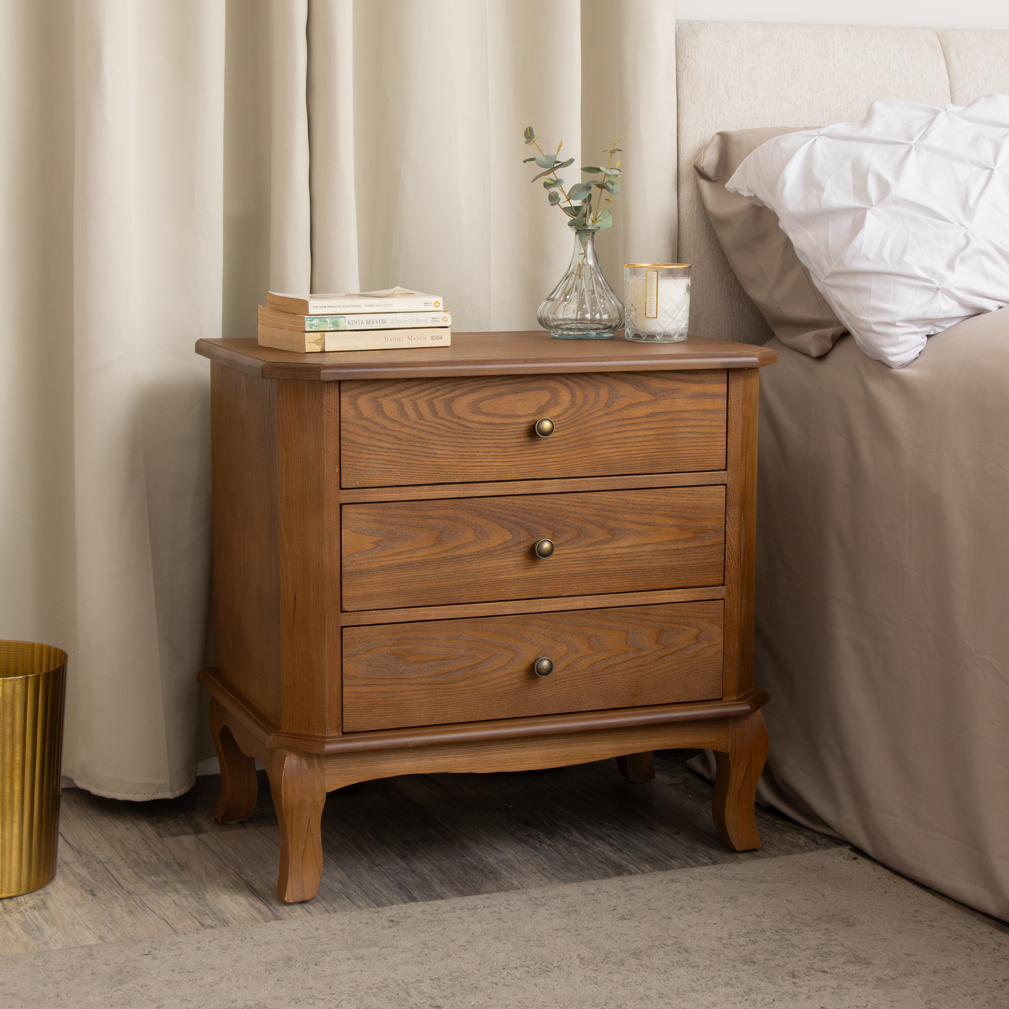 Dark Wood 3 Drawer Extra Wide Bedside Table - Ashwell Range