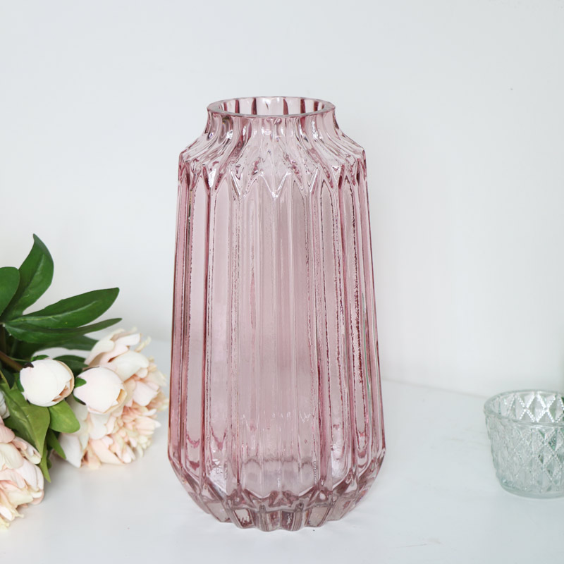 Tall Pink Ribbed Glass Vase Tall Pink Ribbed Glass Vase