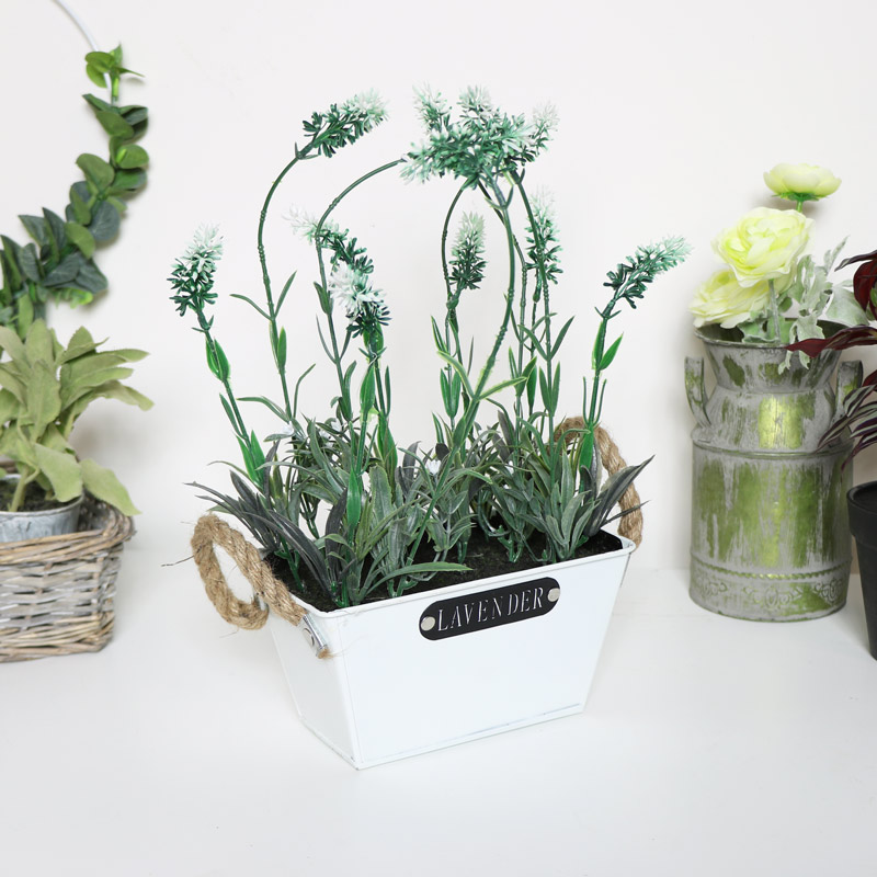 Faux White Lavender in Metal Pot Faux White Lavender in Metal Pot