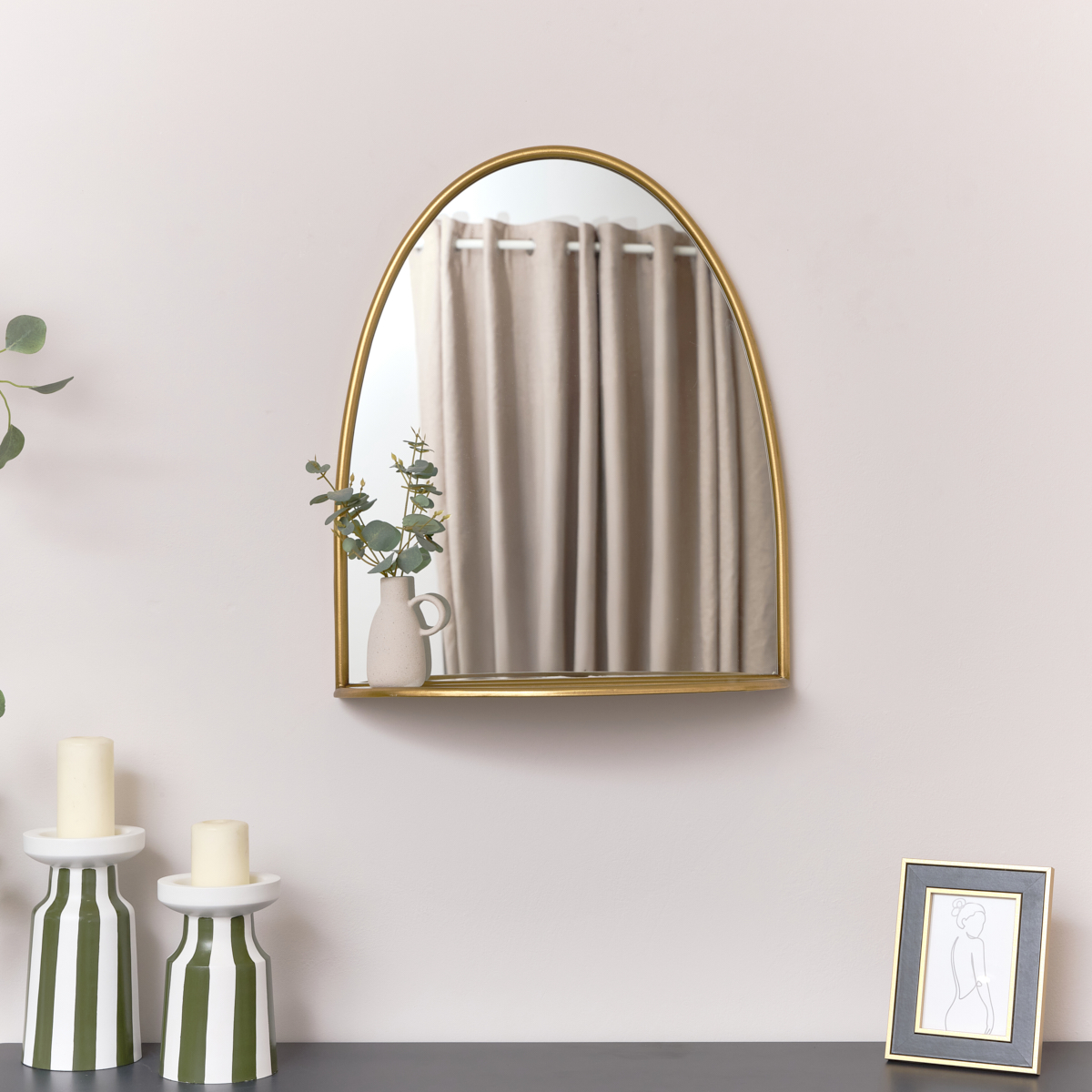 Arched Gold Mirror With Mirrored Shelf - 50cm x 60cm