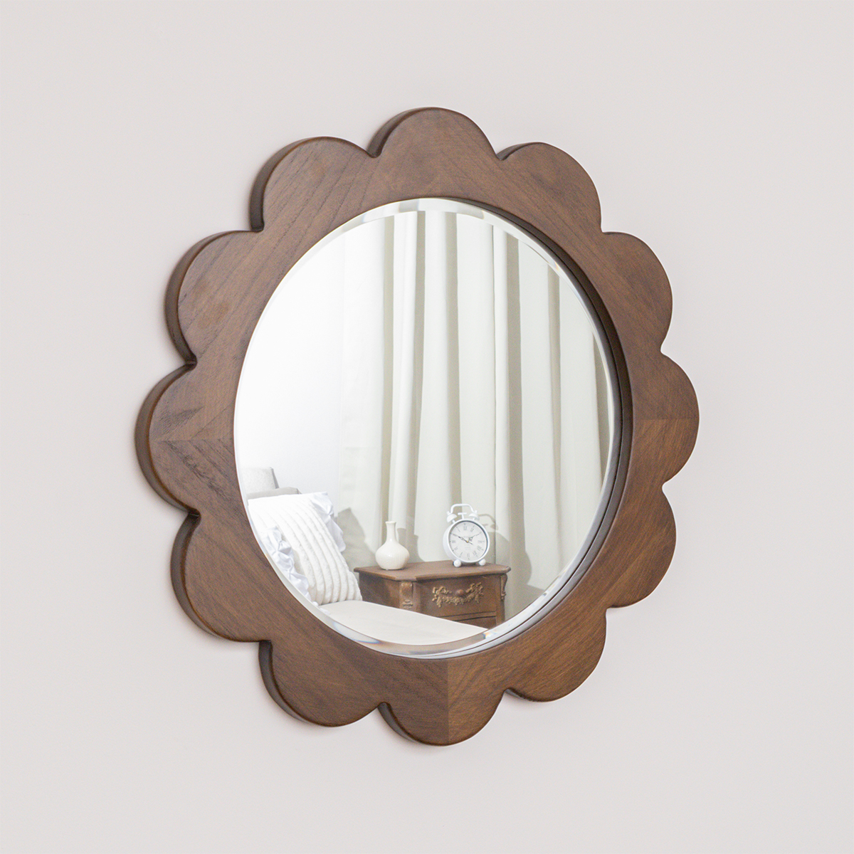 Dark Wood Scalloped Edge Bevelled Wall Mirror - 70cm