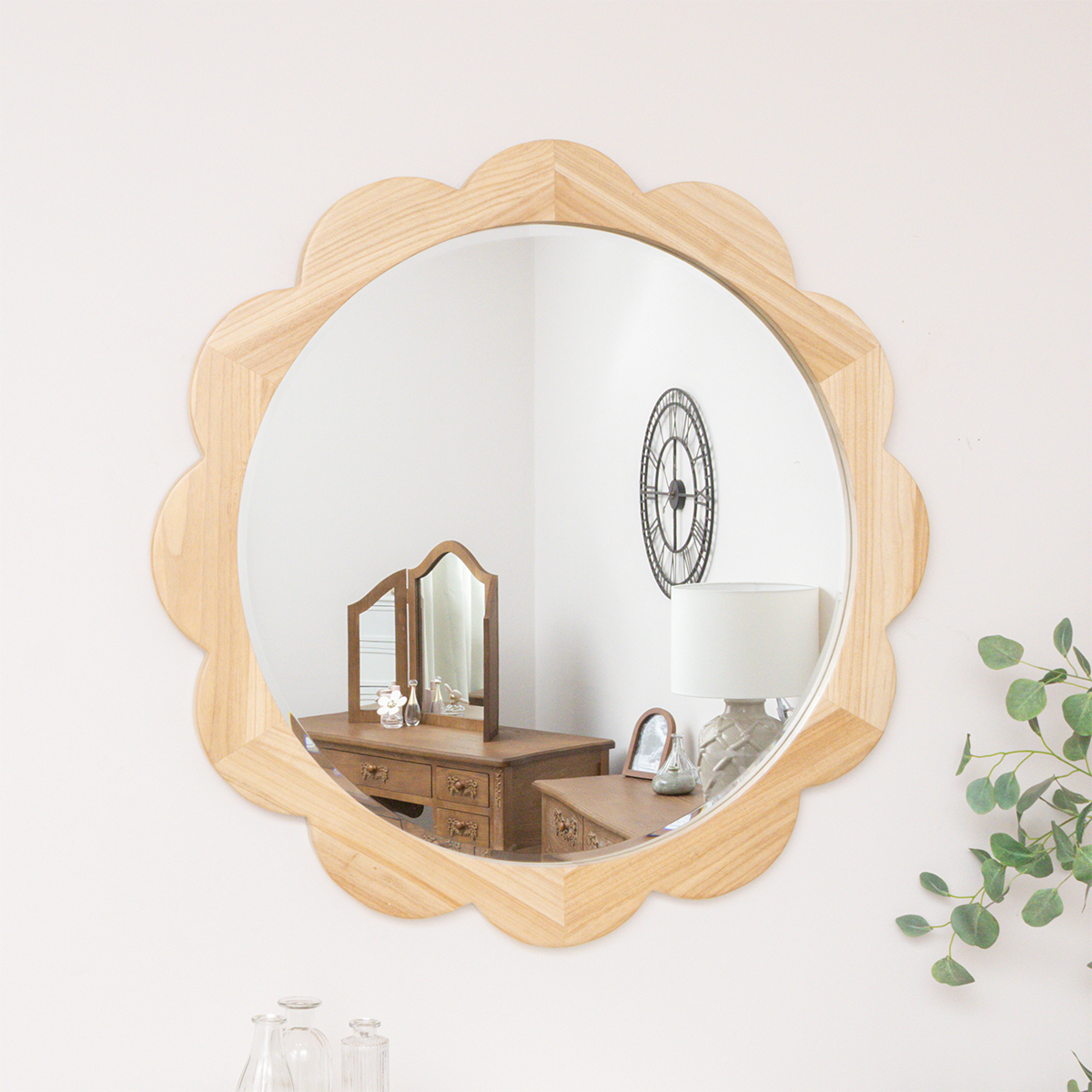 Large Light Wood Scalloped Edge Bevelled Wall Mirror - 97cm