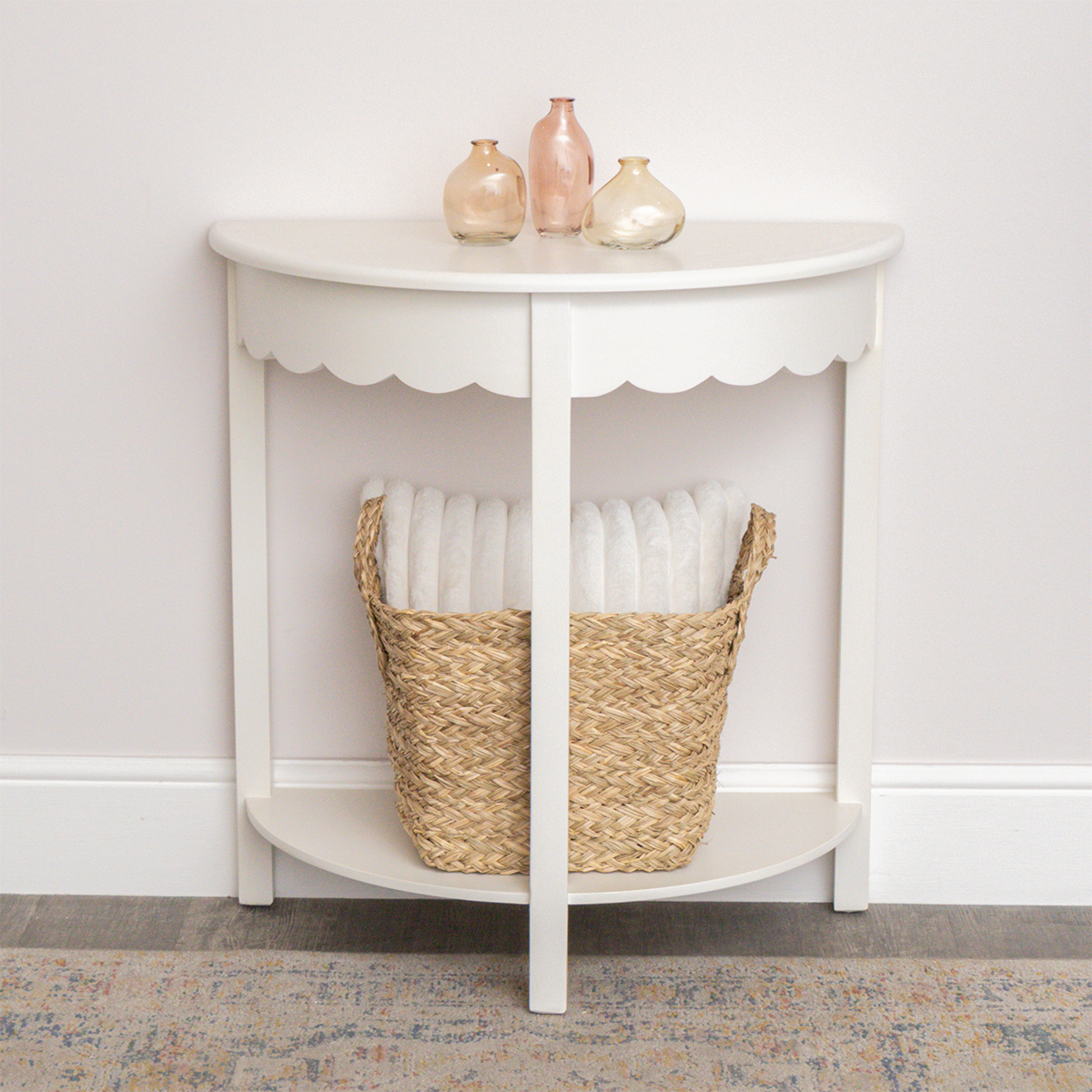 White Scalloped Half Moon Console Table with Shelf - 78cm x 80cm