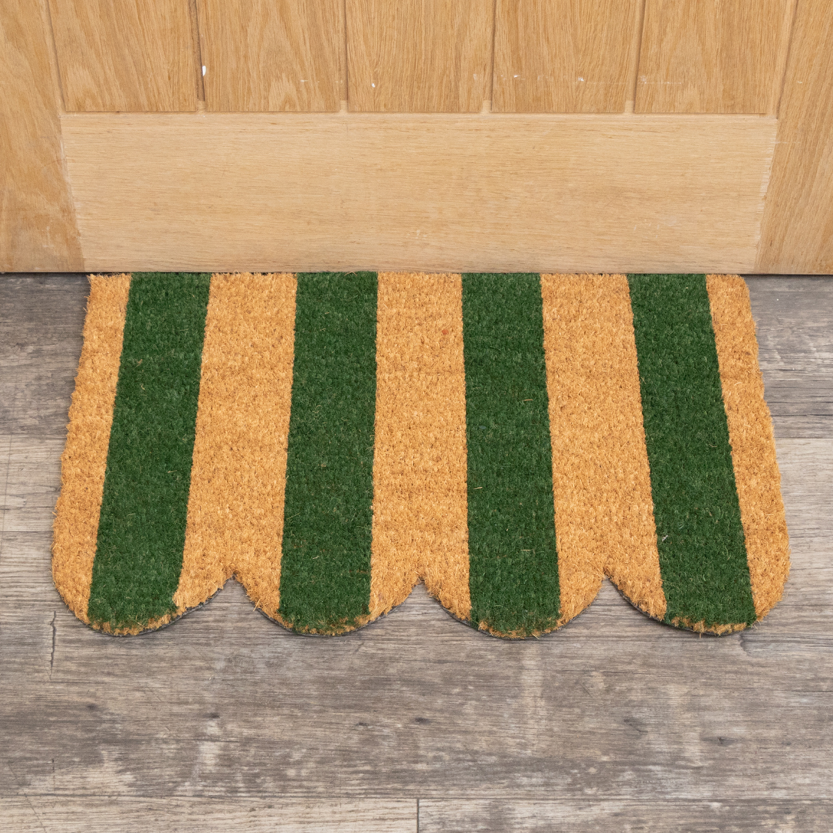 Rectangular Green & Natural Striped Doormat with Scallop Edge