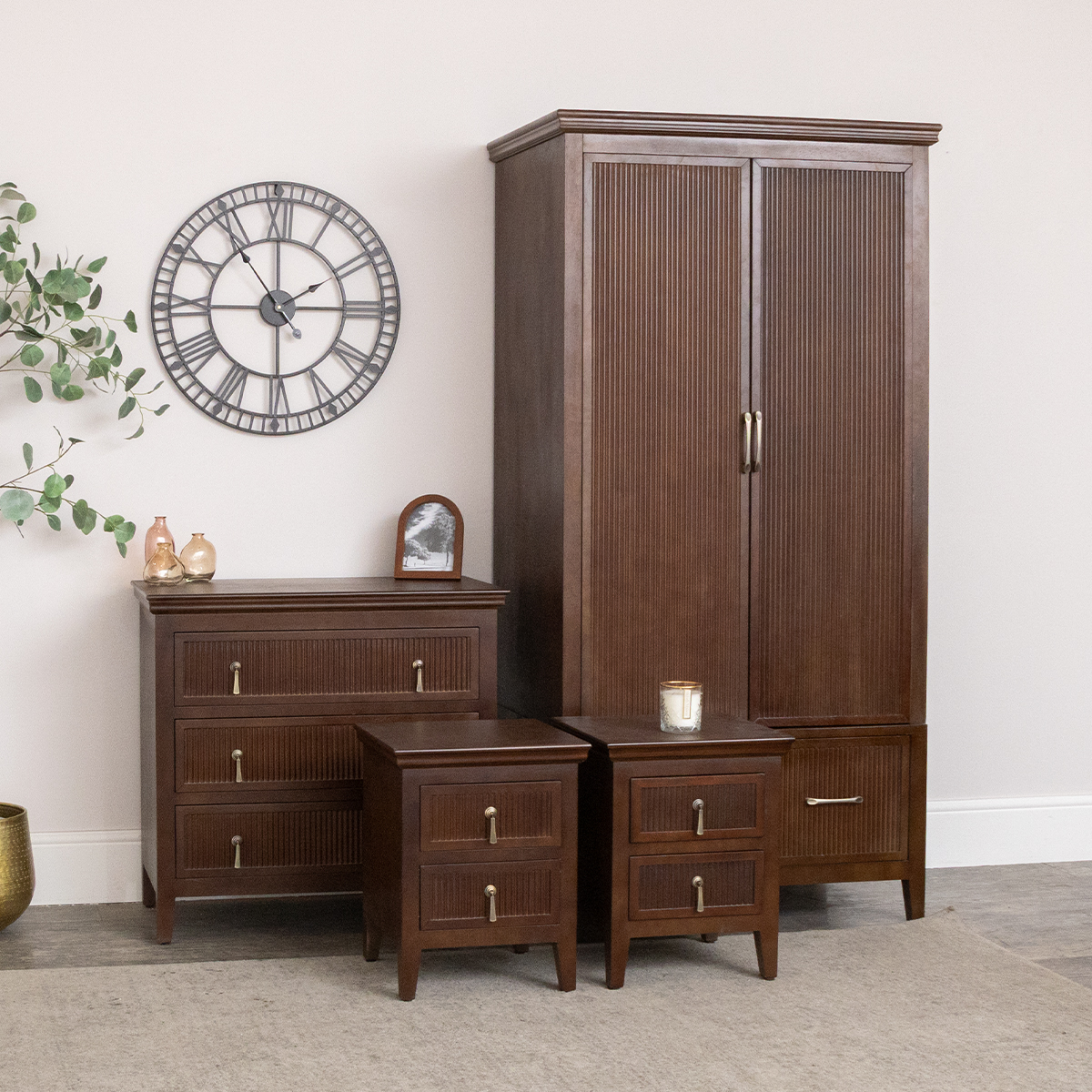 Wooden Reeded Wardrobe, 3 Drawer Chest of Drawers and Pair of 2 Drawer Bedside Tables - Georgian Range