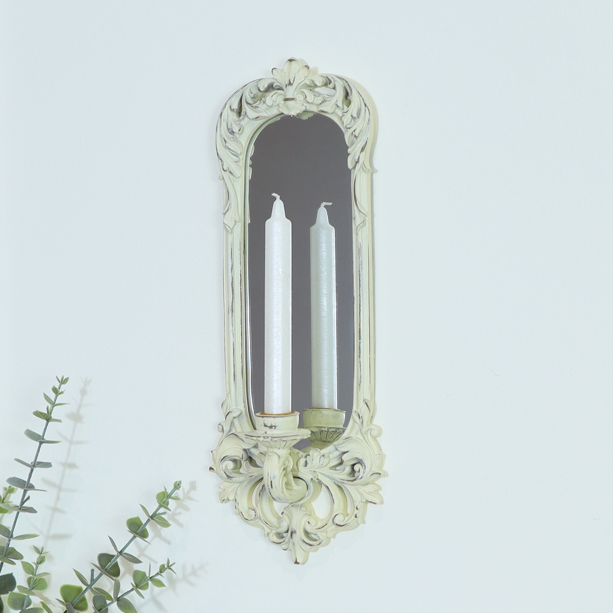 Ornate Cream Wall Mirror with Candle Sconce